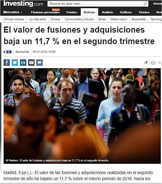 El valor de fusiones y adquisiciones baja un 11,7 % en el segundo trimestre